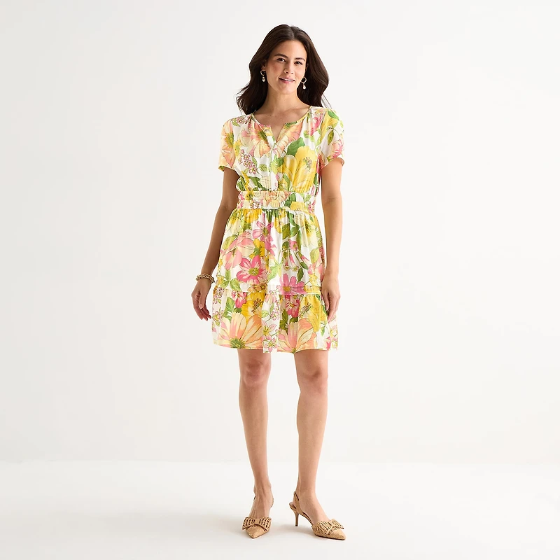 Be by CHETTA B Womens Split Crew Neck Short Sleeve Fitted Floral Fit + Flare Dress