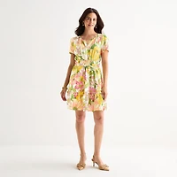 Be by CHETTA B Womens Split Crew Neck Short Sleeve Fitted Floral Fit + Flare Dress