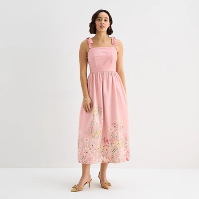 Be by CHETTA B Womens Midi Straight Neck Sleeveless Floral Fit + Flare Dress