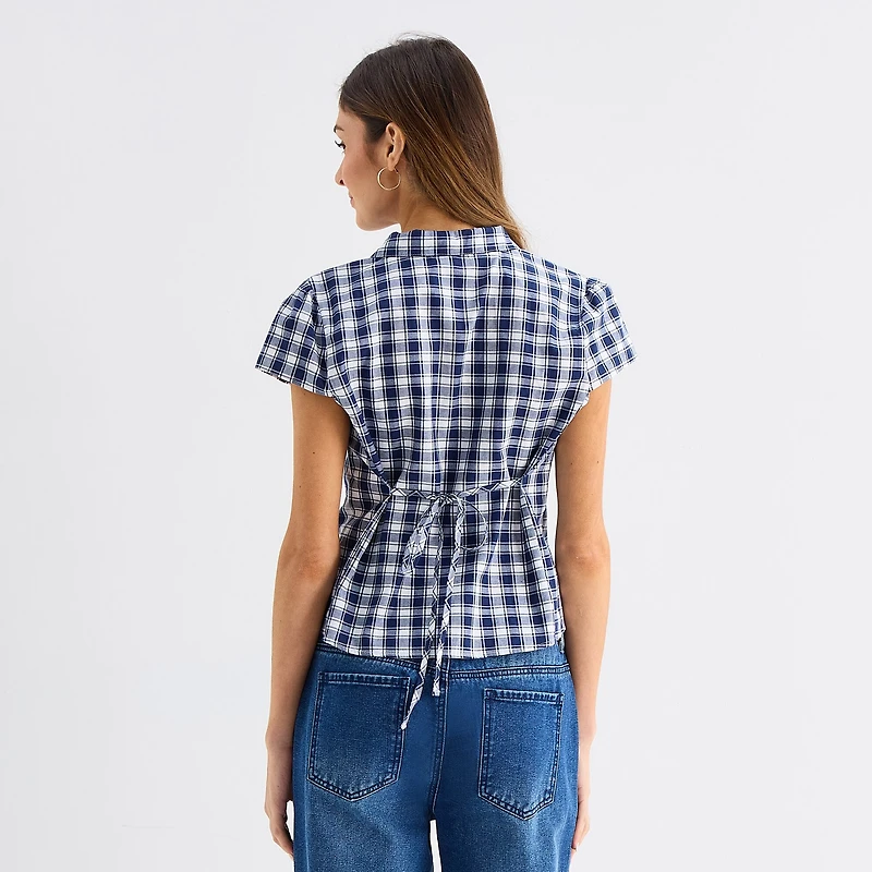 Forever 21 Womens Juniors Cap Short Sleeve Relaxed Fit Poplin Button-Down Shirt