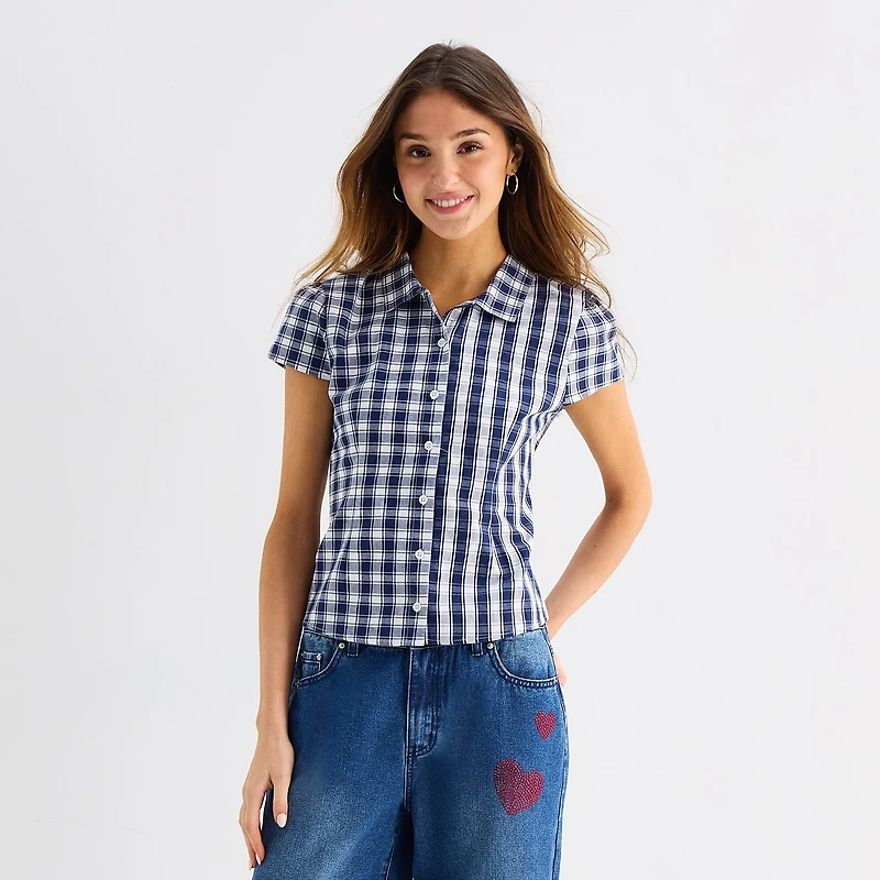 Forever 21 Womens Juniors Cap Short Sleeve Relaxed Fit Poplin Button-Down Shirt