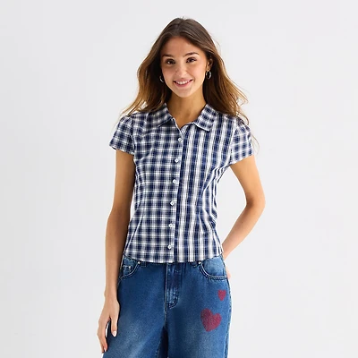 Forever 21 Womens Juniors Cap Short Sleeve Relaxed Fit Poplin Button-Down Shirt