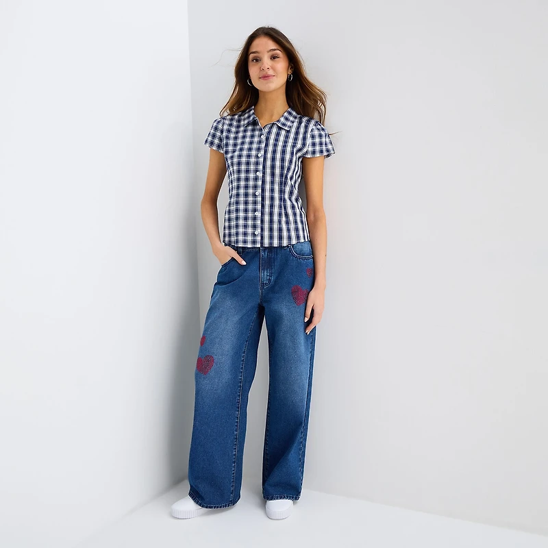 Forever 21 Womens Juniors Cap Short Sleeve Relaxed Fit Poplin Button-Down Shirt