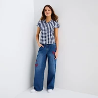 Forever 21 Womens Juniors Cap Short Sleeve Relaxed Fit Poplin Button-Down Shirt