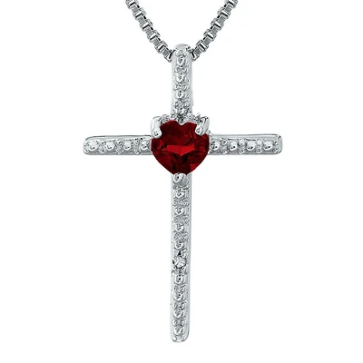 Genuine Garnet and Diamond-Accent Sterling Silver Cross and Heart Pendant Necklace