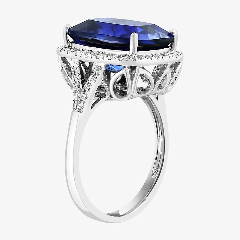 Effy Final Call Womens 1/2 CT. T.W. Lab Created Blue Sapphire 14K Gold Cushion Halo Cocktail Ring