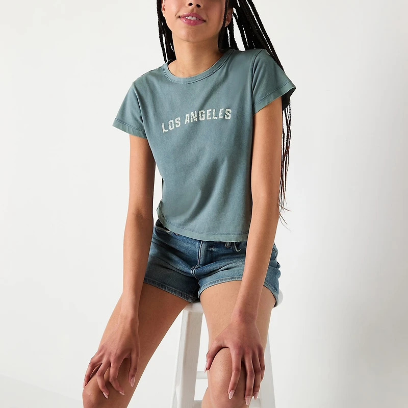 Arizona Womens Juniors Round Neck Short Sleeve Regular Fit Graphic T-Shirt