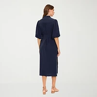 London Times Womens Midi V Neck Elbow Sleeve Shift Dress