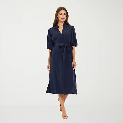 London Times Womens Midi V Neck Elbow Sleeve Shift Dress