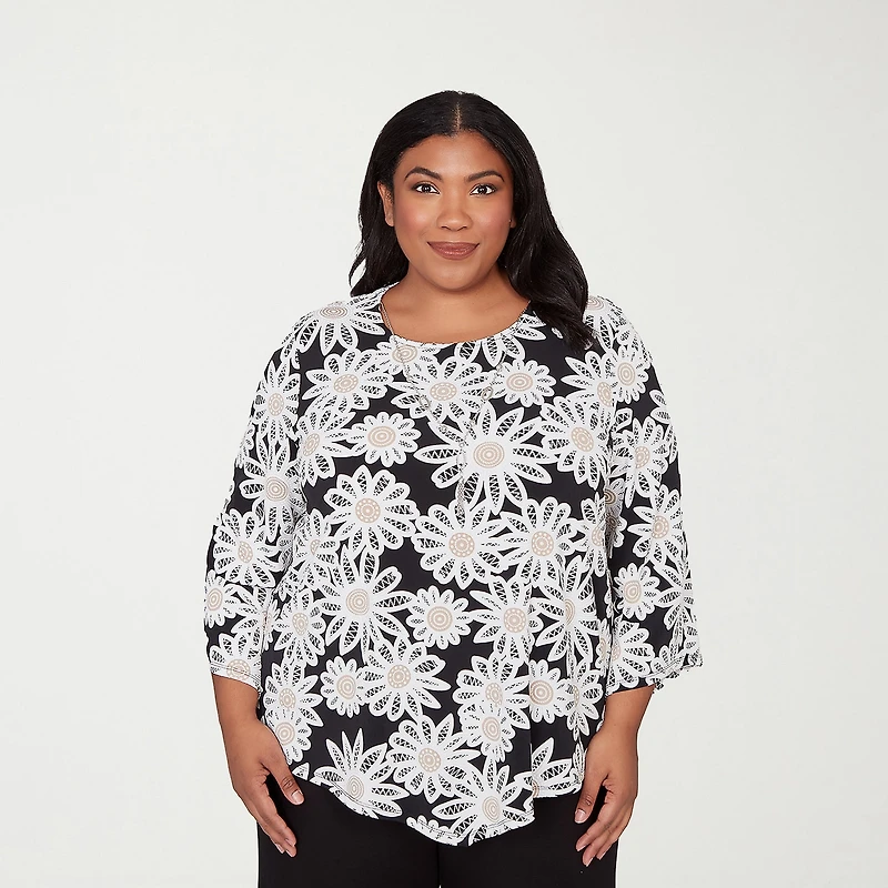 Alfred Dunner Classics Womens Plus Crew Neck 3/4 Sleeve T-Shirt