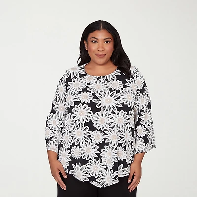 Alfred Dunner Classics Womens Plus Crew Neck 3/4 Sleeve T-Shirt