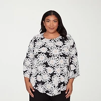 Alfred Dunner Classics Womens Plus Crew Neck 3/4 Sleeve T-Shirt