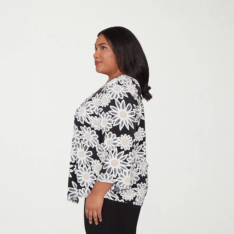 Alfred Dunner Classics Womens Plus Crew Neck 3/4 Sleeve T-Shirt