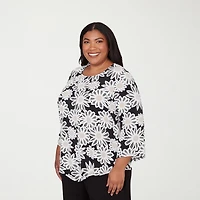 Alfred Dunner Classics Womens Plus Crew Neck 3/4 Sleeve T-Shirt