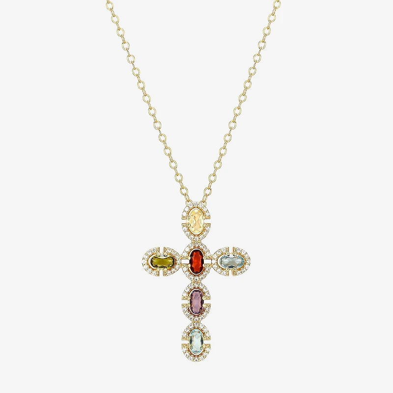Womens Genuine Multi Color 18K Gold Over Silver Cross 18 Inch Pendant Necklace