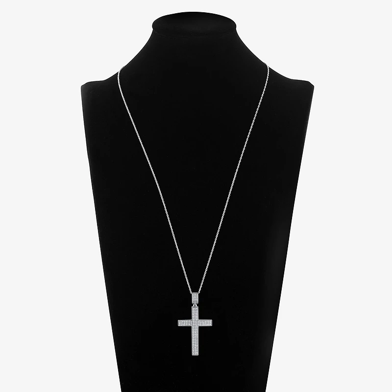 Mens White Cubic Zirconia Sterling Silver Cross 24 Inch Pendant Necklace