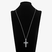 Mens White Cubic Zirconia Sterling Silver Cross 24 Inch Pendant Necklace