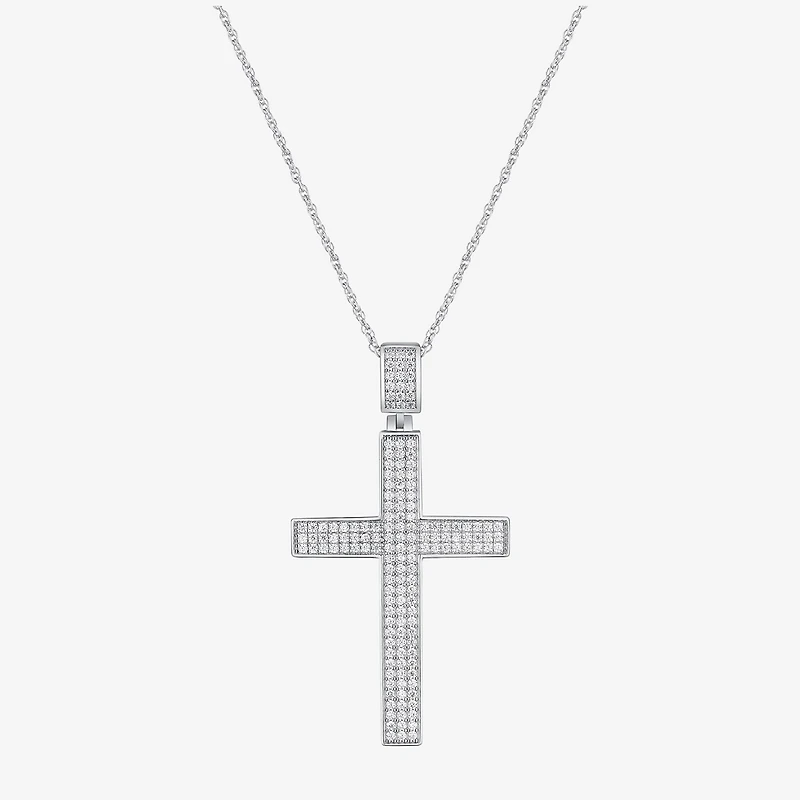 Mens White Cubic Zirconia Sterling Silver Cross 24 Inch Pendant Necklace