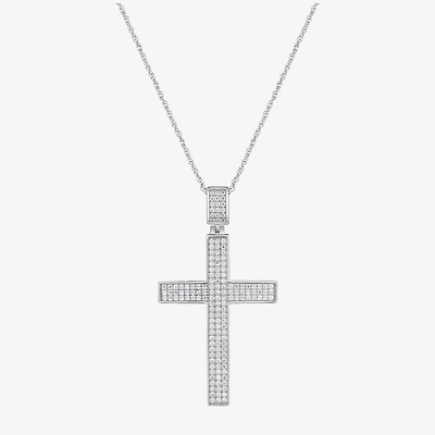 Mens White Cubic Zirconia Sterling Silver Cross 24 Inch Pendant Necklace