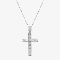 Mens White Cubic Zirconia Sterling Silver Cross 24 Inch Pendant Necklace