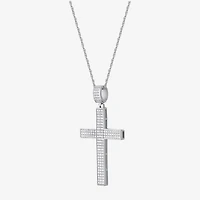 Mens White Cubic Zirconia Sterling Silver Cross 24 Inch Pendant Necklace