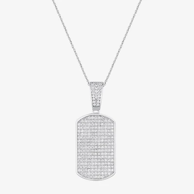 Mens White Cubic Zirconia Sterling Silver Dog Tag 24 Inch Pendant Necklace