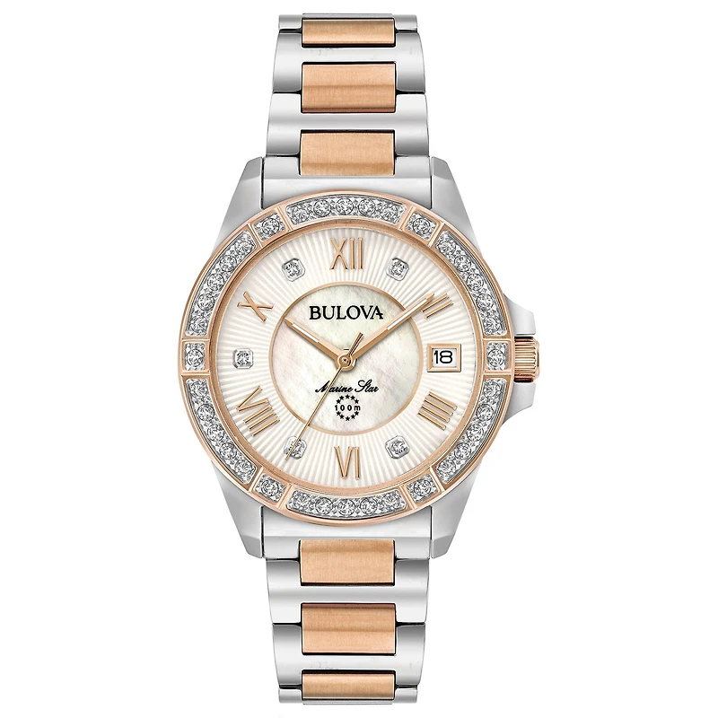 Bulova Marine Star Womens Diamond Accent Two Tone Bracelet Watch 98r234