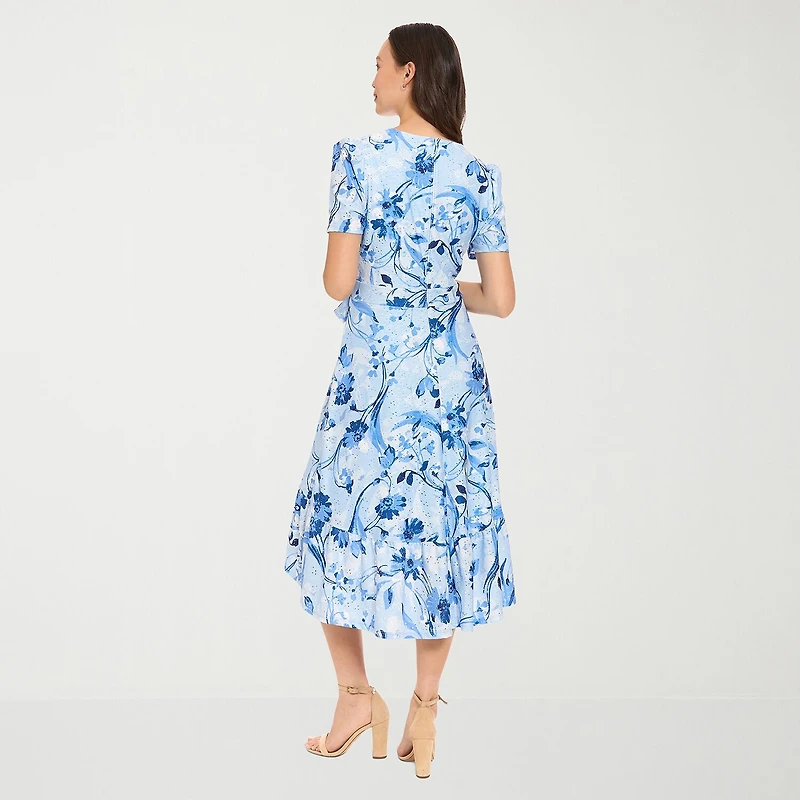 London Style Womens V Neck Short Sleeve Floral Fit + Flare Dress