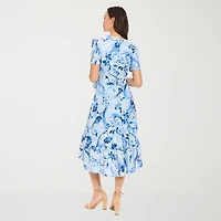London Style Womens V Neck Short Sleeve Floral Fit + Flare Dress