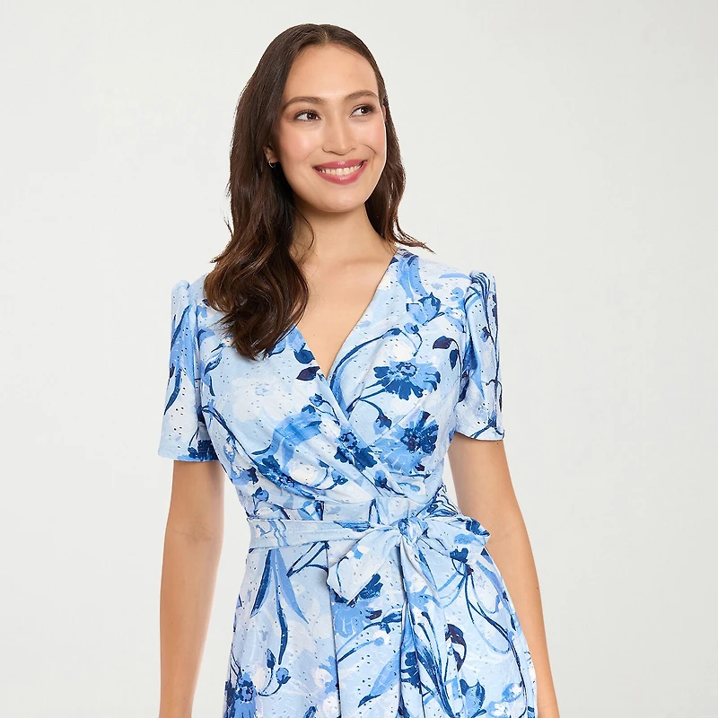 London Style Womens V Neck Short Sleeve Floral Fit + Flare Dress