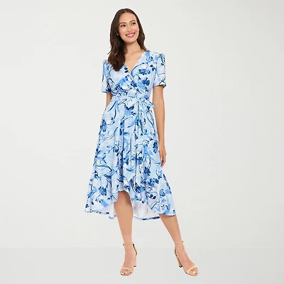 London Style Womens V Neck Short Sleeve Floral Fit + Flare Dress