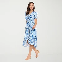 London Style Womens V Neck Short Sleeve Floral Fit + Flare Dress