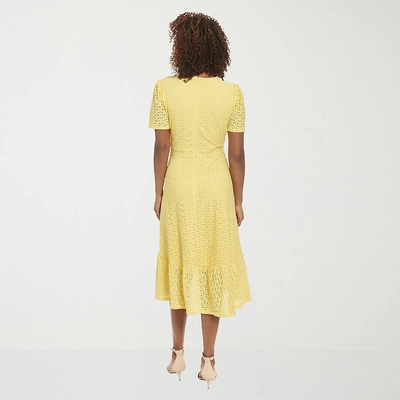 London Style Womens Midi V Neck Short Sleeve Fit + Flare Dress