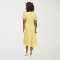 London Style Womens Midi V Neck Short Sleeve Fit + Flare Dress