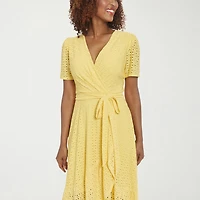 London Style Womens Midi V Neck Short Sleeve Fit + Flare Dress