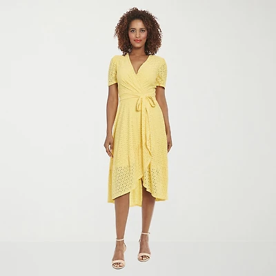 London Style Womens Midi V Neck Short Sleeve Fit + Flare Dress