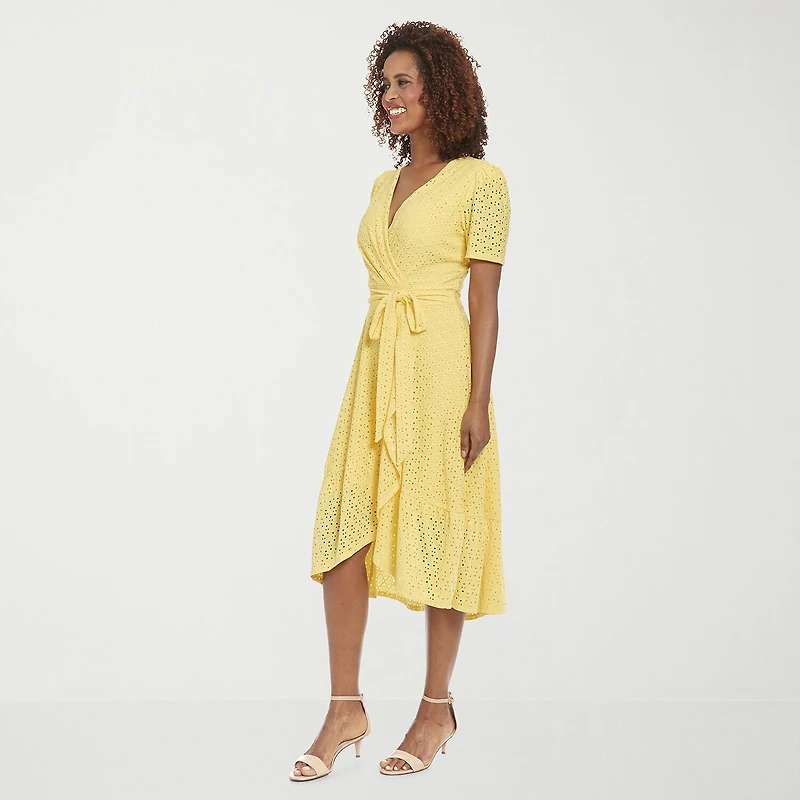 London Style Womens Midi V Neck Short Sleeve Fit + Flare Dress