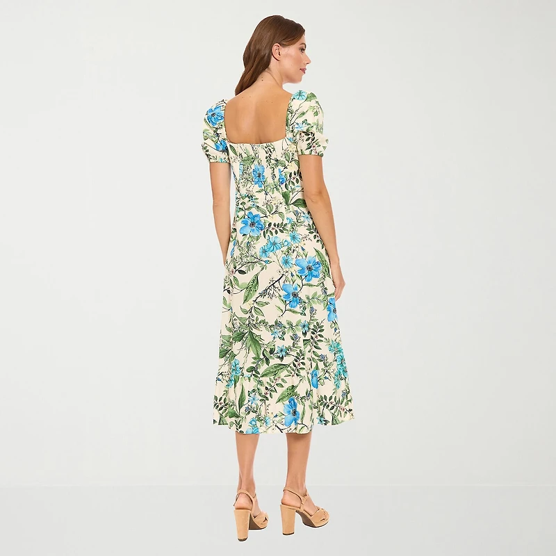 Clover And Sloane Womens Midi Square Neck Short Sleeve Puffed Floral Fit + Flare Dress