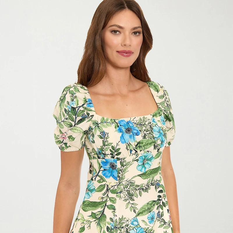 Clover And Sloane Womens Midi Square Neck Short Sleeve Puffed Floral Fit + Flare Dress
