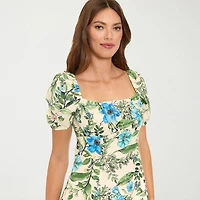 Clover And Sloane Womens Midi Square Neck Short Sleeve Puffed Floral Fit + Flare Dress