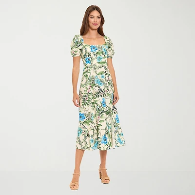 Clover And Sloane Womens Midi Square Neck Short Sleeve Puffed Floral Fit + Flare Dress