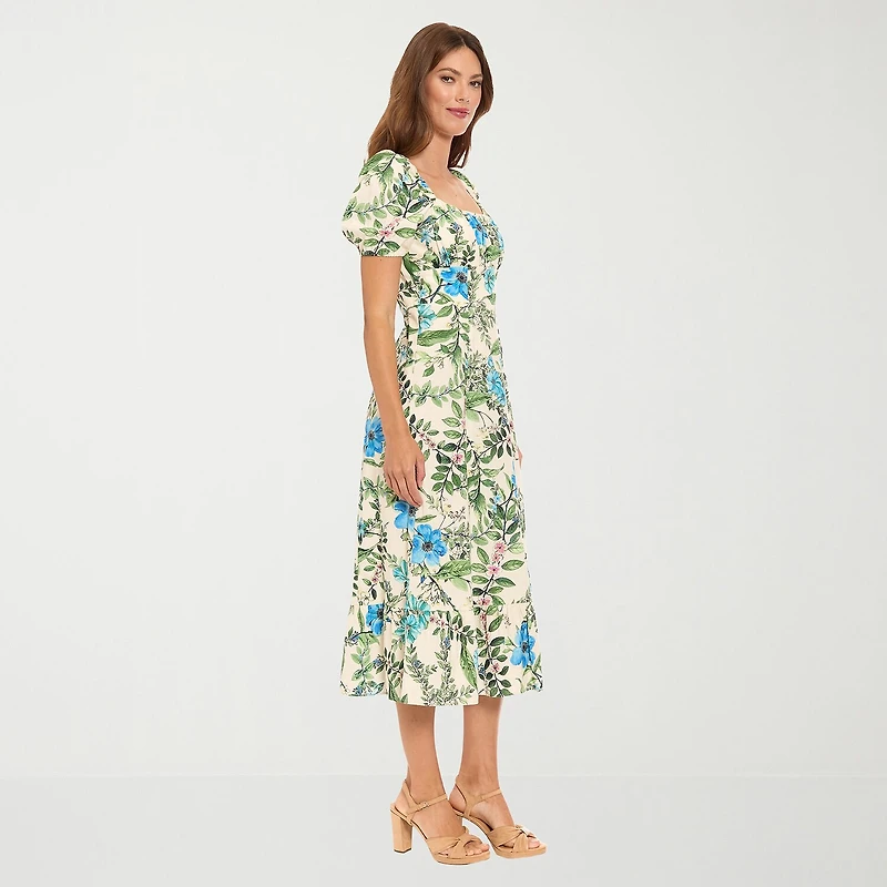 Clover And Sloane Womens Midi Square Neck Short Sleeve Puffed Floral Fit + Flare Dress