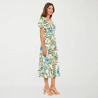 Clover And Sloane Womens Midi Square Neck Short Sleeve Puffed Floral Fit + Flare Dress