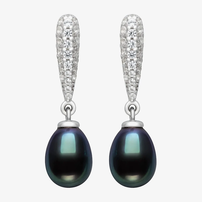 Limited Quantities! Womens Dyed Black Cultured Freshwater Pearl Sterling Silver Drop Earrings