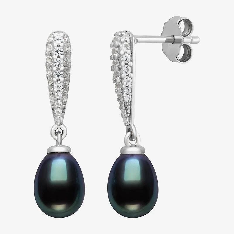 Limited Quantities! Womens Dyed Black Cultured Freshwater Pearl Sterling Silver Drop Earrings