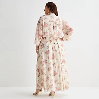Premier Amour Womens Plus V Neck Long Sleeve Puffed Maxi Dress