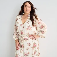 Premier Amour Womens Plus V Neck Long Sleeve Puffed Maxi Dress