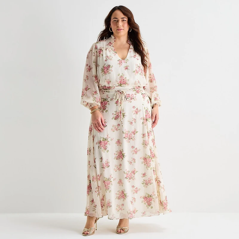 Premier Amour Womens Plus V Neck Long Sleeve Puffed Maxi Dress