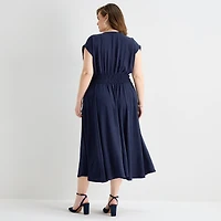 Melonie T Womens Plus Midi V Neck Short Sleeve Cap Fit + Flare Dress