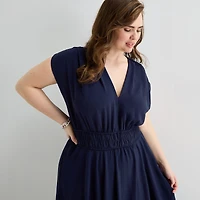 Melonie T Womens Plus Midi V Neck Short Sleeve Cap Fit + Flare Dress
